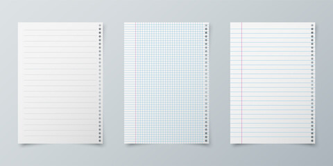 Realistic notebook paper lined sheet set. White blank notepad pages for homework, diary notes. Copybook squared and lined notepaper sheets collection. Memo elements. Vector illustration
