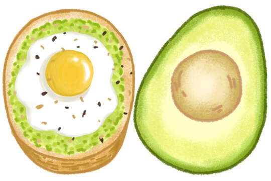 Avocado toast with poached egg, Hand drawn pastel and chalk illustration