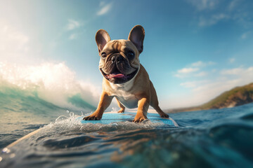Image of a French bulldog surfing on a pink surfboard at the beach on a sunny day. - obrazy, fototapety, plakaty