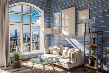 luxurious loft apartment with arched window and panoramic view over urban downtown; noble interior living room design mock up; 3D Illustration