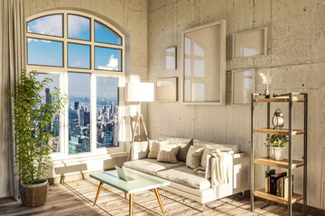 Naklejka premium luxurious loft apartment with arched window and panoramic view over urban downtown; noble interior living room design mock up; 3D Illustration