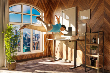 businessman floating in air gets sucked into pc display; surreal stress immersion and virtual reality concept; bright urban office with large window; 3D Illustration