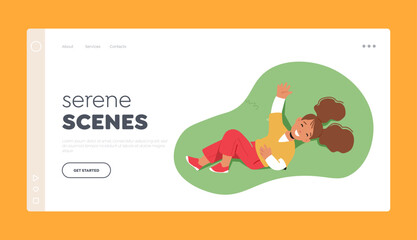 Serene Scenes Landing Page Template. Little Girl Character Lying On Green Meadow, Surrounded By Nature, Enjoying Relax
