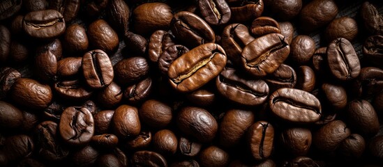 Fototapeta premium Coffee beans. Generative AI illustration.Panoramic horizontal background of roasted coffee beans.