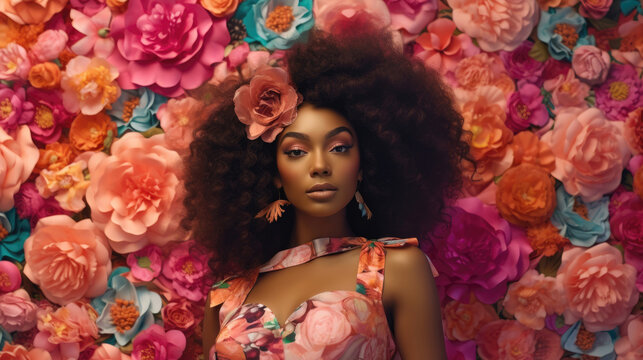 In the style of Hollywood glamour, a black woman poses against a floral backdrop, her eyes shining bright under candycore hues. Generative AI