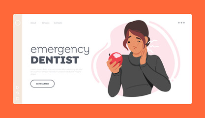 Emergency Dentist Landing Page Template. Female Character Grimacing With A Hand On Her Cheek, Holding An Apple