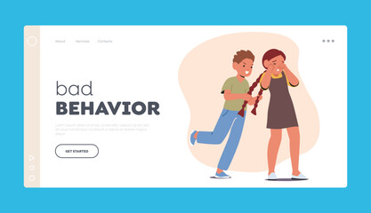 Kid Bad Behavior . Landing Page Template. Playful Boy Character Teasing Girl By Pulling Her Pigtails, Causing To React