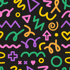 Colorful doodle and scribble shapes, lines, strokes. Modern abstract childish minimalist seamless pattern. Memphis and 90s inspired background, digital paper. Retro nostalgia. Line art.