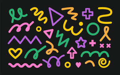 Colorful doodle and scribble shapes, strokes, lines. Modern abstract childish minimalist figures. Memphis and 90s inspired background. Retro nostalgia.