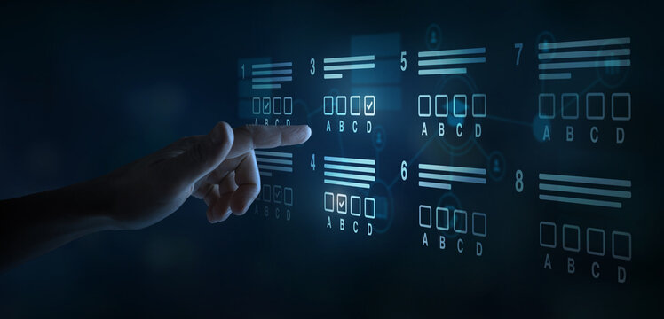 online test or exam, choose correct answer, education exam, test online on touchscreen