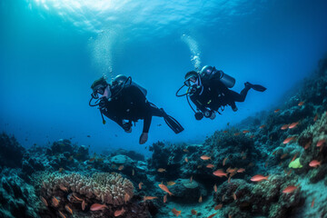 Naklejka na ściany i meble Couple of scuba divers looking at camera underwater, Beautiful coral reef with many fish on background