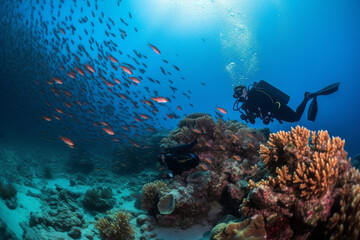 Fototapeta na wymiar Couple of scuba divers looking at camera underwater, Beautiful coral reef with many fish on background