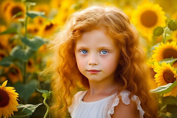 Fototapeta premium Cute little girl with red curly hair in sunflowers field summer portrait. Generative AI technology created horizontal illustration.