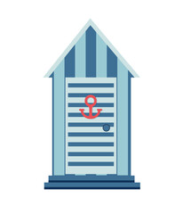 A colorful beach hut with an anchor on the door. Illustration in a flat style