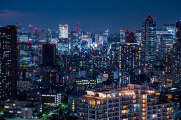 Nightlight Cityscape of Tokyo, city aerial skyscraper view of office building and downtown and street of minato in tokyo with twilight sky background. Japan, Asia