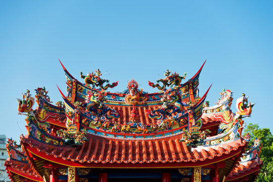 Close up of roof details on historic temple in China