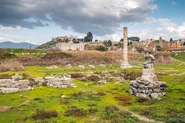 Ancient ruins of Temple of Artemis - one of the 7 world wonders in Ephesus or Efes town