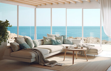 Fototapeta premium Relaxing by the Sea Comfortable Sofa with Stunning Seascape View Ai Generative 