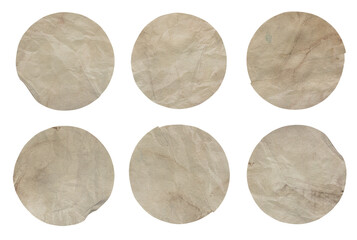 Set of round old paper stickers mock up blank tags labels, isolated on transparent background top view