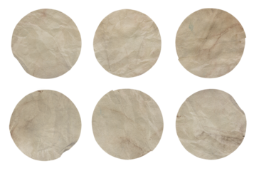 Set of round old paper stickers mock up blank tags labels, isolated on transparent background top view