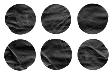 Set of round black paper stickers mock up blank tags labels, isolated on transparent background top view