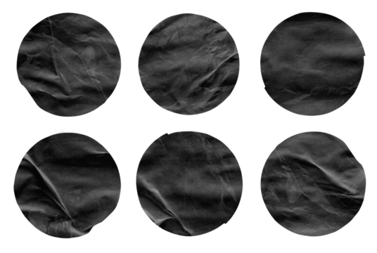 Set of round black paper stickers mock up blank tags labels, isolated on transparent background top view