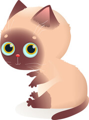 Funny cute siamese cat with silly look. Adorable kitten illustration for kids. Domestic cat animal vector clip art graphics for children