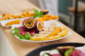 Delicious exotic fruits on plate ready to be served