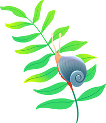 Cute snail on green leaf. Colorful snail with spiral shell or slug, illustration for children . Vector cartoon for kids with cute animal.