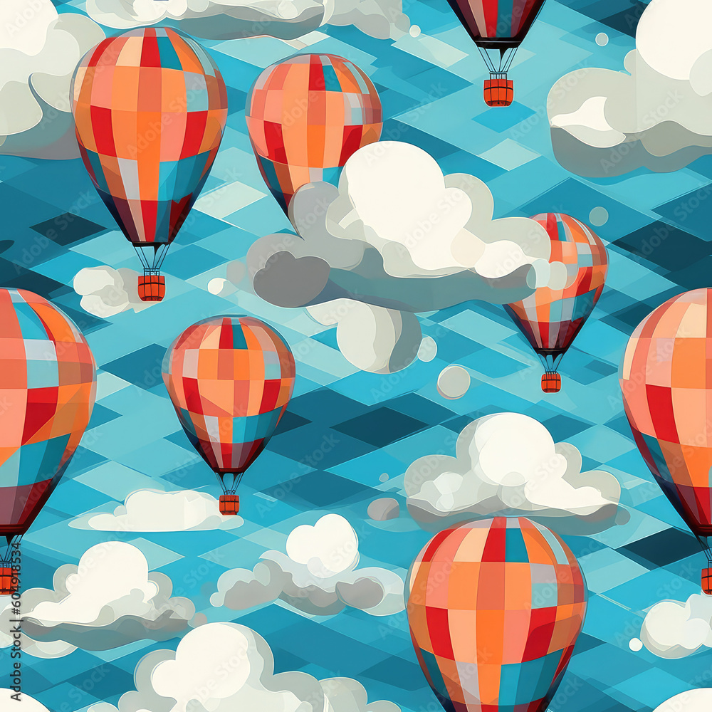 Wall mural hot air balloons and clouds seamless repeat pattern - fantasy colorful cubism, abstract art, trippy 