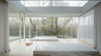 White transparent house with huge windows and space, relax place, living room terrace. Generative AI Technology