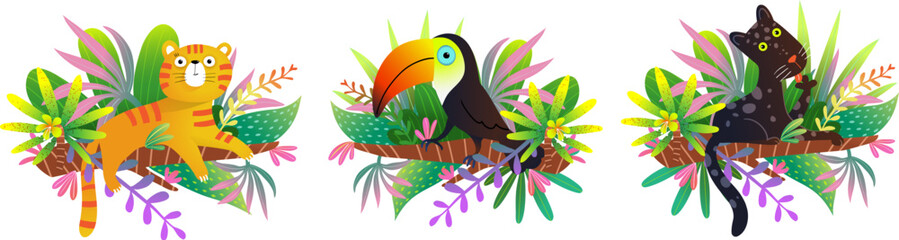 Cute african animals collection among flowers and tropical leaves. Quirky wild panther cat, toucan and tiger illustrations for children education or zoo design. Vector isolated clip art set.