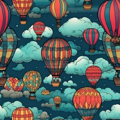 Schilderijen op glas Hot air balloons and clouds seamless repeat pattern - fantasy colorful cubism, abstract art, trippy psychedelic [Generative AI]  © Roman