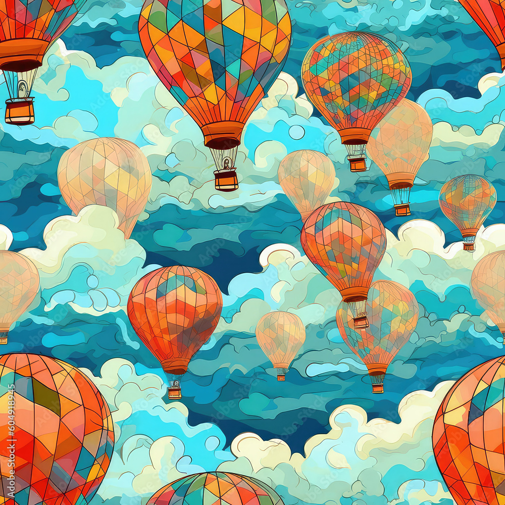 Canvas Prints hot air balloons and clouds seamless repeat pattern - fantasy colorful cubism, abstract art, trippy 