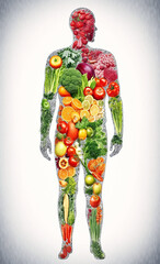 structure of human body of vegetarian from fruits and vegetables. Concept of healthy eating and vegetarianism on white background. Generative AI illustration