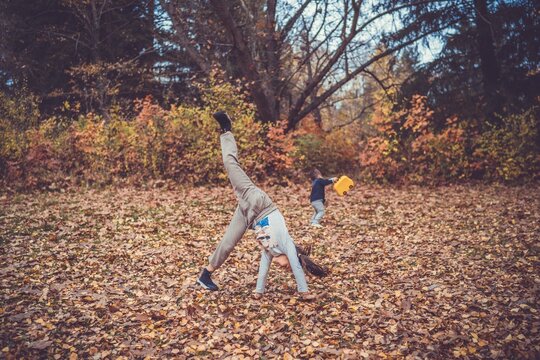 Child in the forest smiling and playing