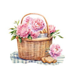 Watercolor basket with peonies and cookies, picnic time, summer floral blossom, Generative AI, png image