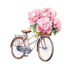 Fototapeta na wymiar Watercolor bicycle with peonies, summer floral blossom, Generative AI, png image.