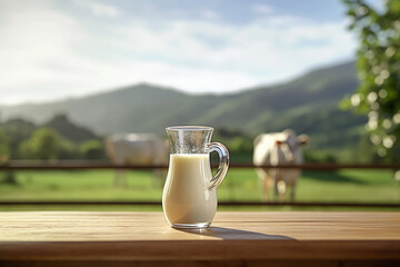 Glass pitcher with fresh milk on a wooden table against the backdrop of a green valley with a herd of cows grazing on it. New milk on a wooden table in a glass jug. Generative AI