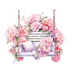 Watercolor Peony floral swing, summer floral blossom, Generative AI, png image.