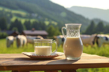 Glass pitcher with fresh milk on a wooden table against the backdrop of a green valley with a herd of cows grazing on it. New milk on a wooden table in a glass jug. Generative AI - obrazy, fototapety, plakaty