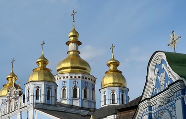 Fototapeta na wymiar Ukraine Kyiv golden domes of Archangel Mikhailovskyi Monastery orthodox monastery.