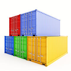 A stack of cargo containers in different colors on a white background. 3D visualization