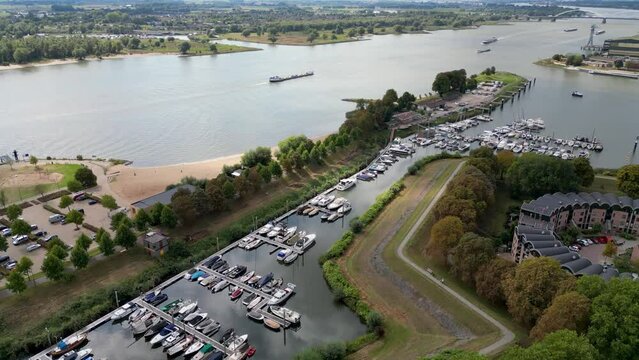 Aerial drone view of the marina and river in Gorinchem, the Netherlands.