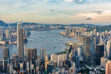 Skyline of Victoria harbor of Hong Kong city - 604920775
