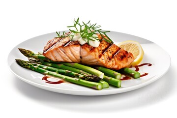 Delicious Plate of Grilled Salmon and Asparagus on a White Background Generative AI