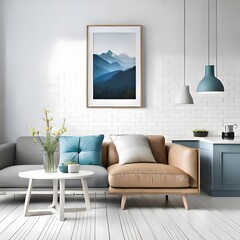 modern living room with sofa, wall painting, table, plant 3d render, Generative AI