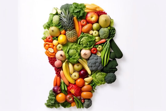 head of vegetarian man made of fruits and vegetables. Concept of healthy eating with food and vegetarianism on white background. Generative AI illustration