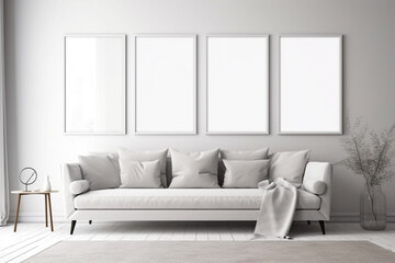 Blank Picture Frame Mockup on White Wall. Modern Living