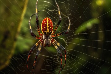 Macro shot of a spider on the web in the forest, a mesmerizing natural background brought into focus with Generative AI